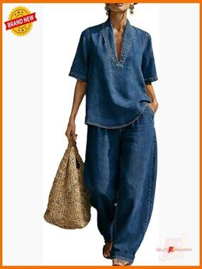 V Neck Short Sleeve Blouse and Wide Leg Jean Pants Two Piece Set Casual Outfit